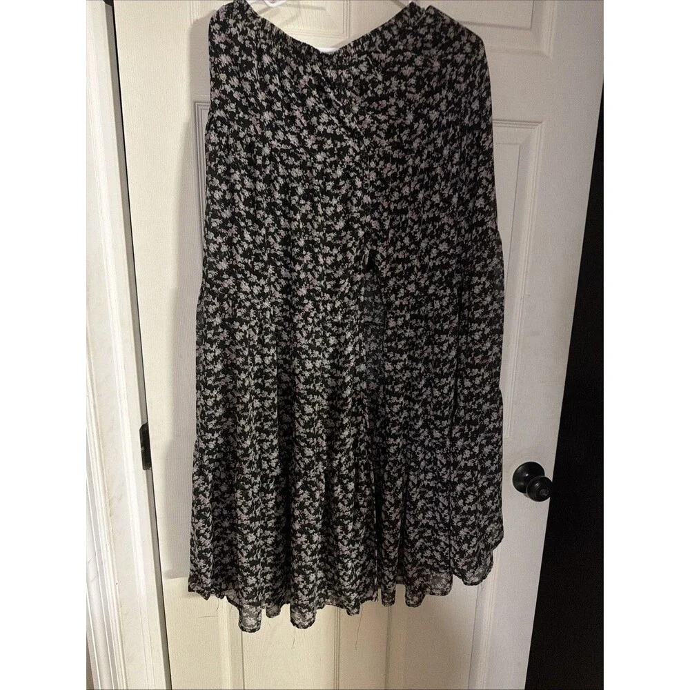 Lulus Black Violet Floral Skirt Front Button Slit Boho Cottage Midi Size Medium